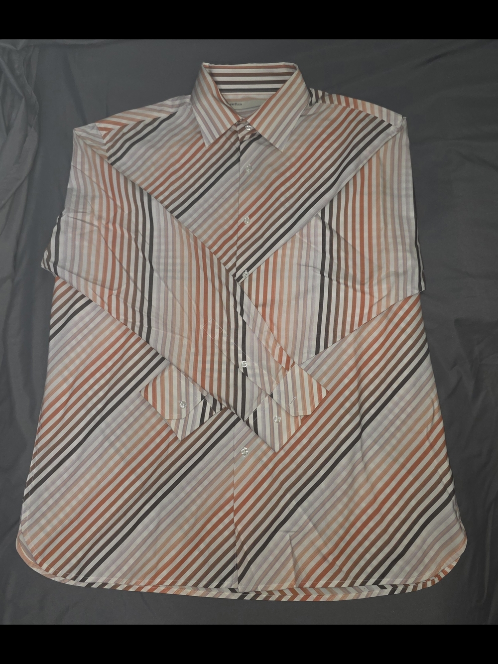 Perry Ellis Orange, Black & White Diagonal Stripe Dress Shirt XXL Cotton